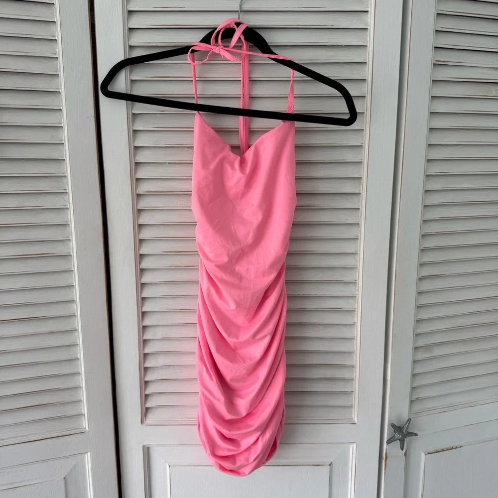 Pink Ruched Halter Bodycon Dress - Picture 1 of 2